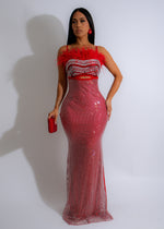 Close-up of red rhinestone detailing on the bodice of Glamour Mirage Rhinestones Maxi Dress Red