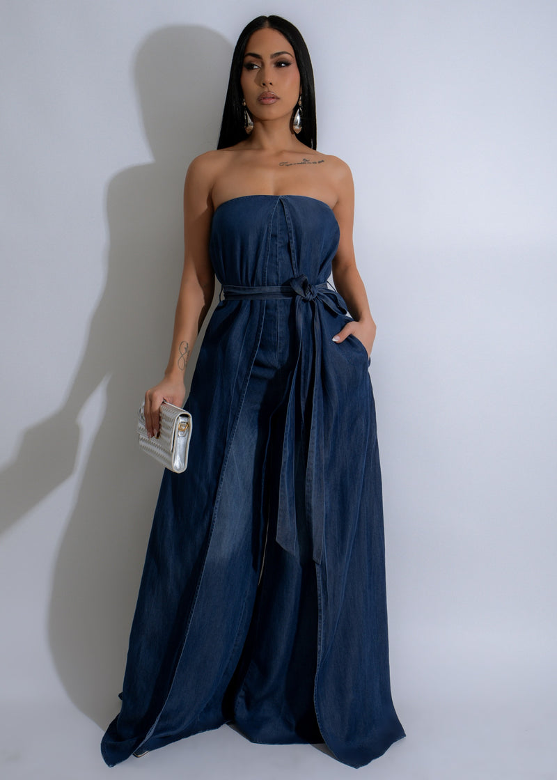 Cerulean Rift Jumpsuit Denim - A stylish and comfortable denim jumpsuit with cerulean accents Perfect for casual outings or a day at the beach