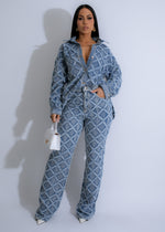 Woven Mosaic Distressed Pant Set Denim in blue wash with intricate stitching and frayed details