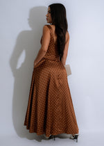 Elegant and stylish brown satin midi dress with polka dots