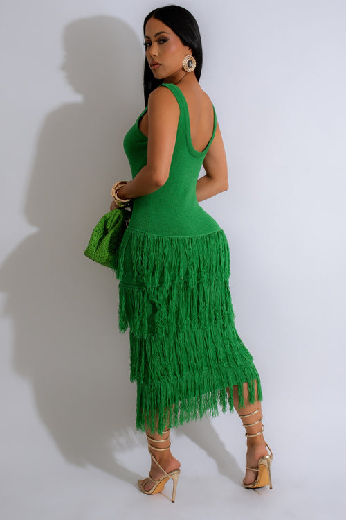  Verdant Cascade Fringe Knit Midi Dress Green, a stunning green dress featuring a cascading fringe design and a comfortable knit fabric for a stylish look