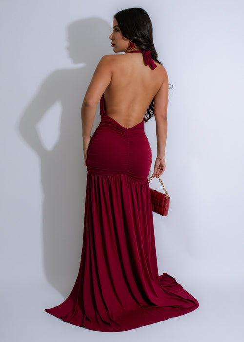 Elegant and stylish Nocturnal Flow Ruched Maxi Dress in rich burgundy color