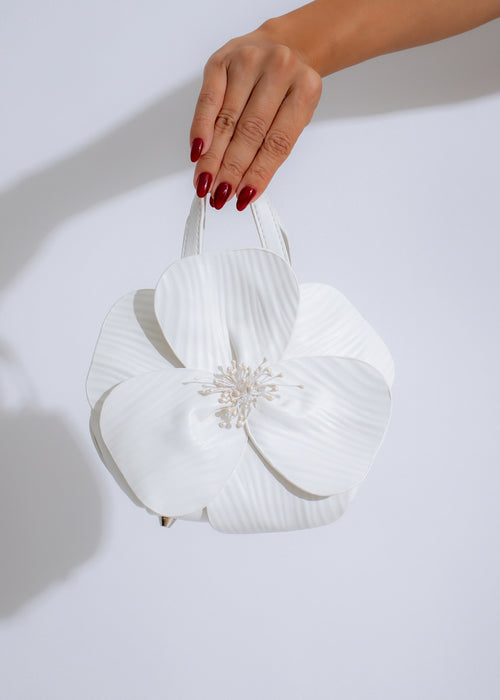 Petal Perfection Handbag White, a stylish and elegant accessory for any outfit, with delicate floral details and a spacious interior for all your essentials