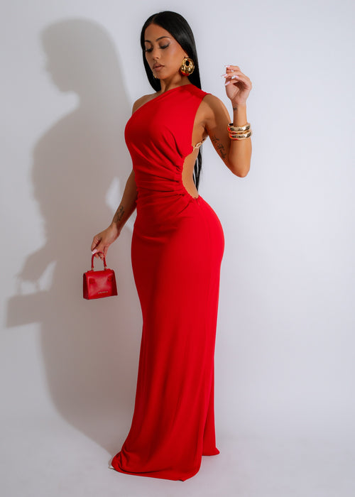 Dual Elegance Maxi Dress Red, front view with elegant V-neck detail and flowy, floor-length skirt