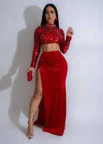 Ruby Splendor Sequin Pearl Skirt Set Red, a stunning two piece outfit with sparkling sequins and elegant pearl detailing, perfect for a special occasion or evening event