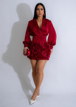 Rosette Elegance Satin Floral Skirt Set Red in vibrant red with intricate floral design and elegant rosette detailing 