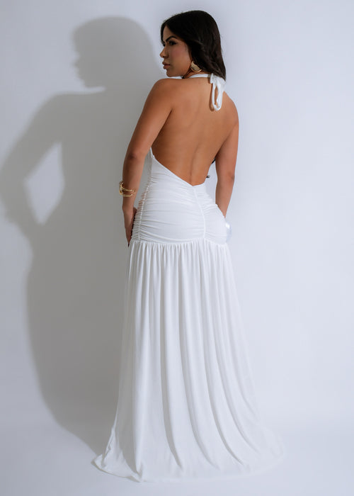 Nocturnal Flow Ruched Maxi Dress White - Back view, ruched detail and adjustable straps for a comfortable fit