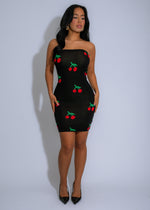 Cherry Bliss Knit Mini Dress Black, showcasing its flattering silhouette and stylish design