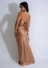 Lustre Muse Maxi Dress Gold - Side view, flowing skirt, and elegant design suitable for formal occasions