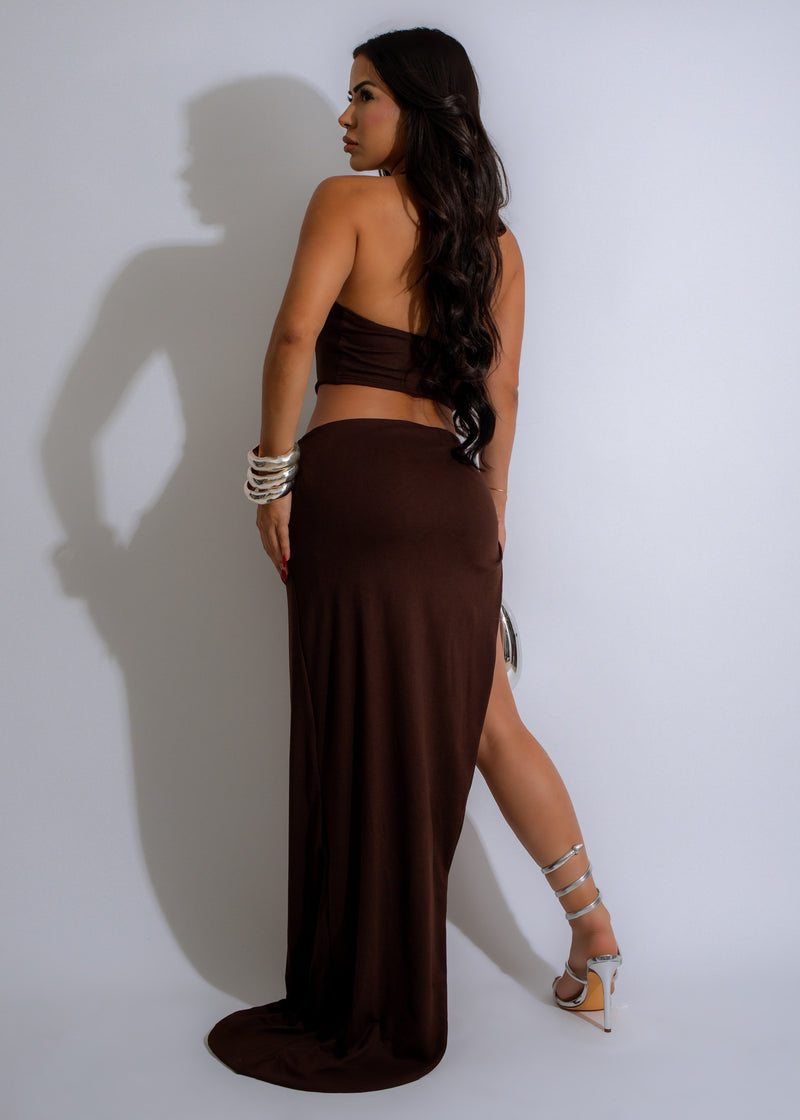  Sahara Moonlight Maxi Dress Brown, a stunning and luxurious floor-length dress featuring a halter neckline, open back, and a rich, earthy brown hue, ideal for glamorous nights out