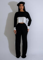 Black knit striped pant set with weekend harmony design, perfect for relaxation and comfort