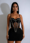 Black Lustrous Frame Mesh Rhinestone Corset with stunning embellishments and intricate detailing