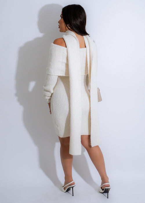 Beautiful white Alpine Whisper Knit Mini Dress, perfect for both casual and formal events