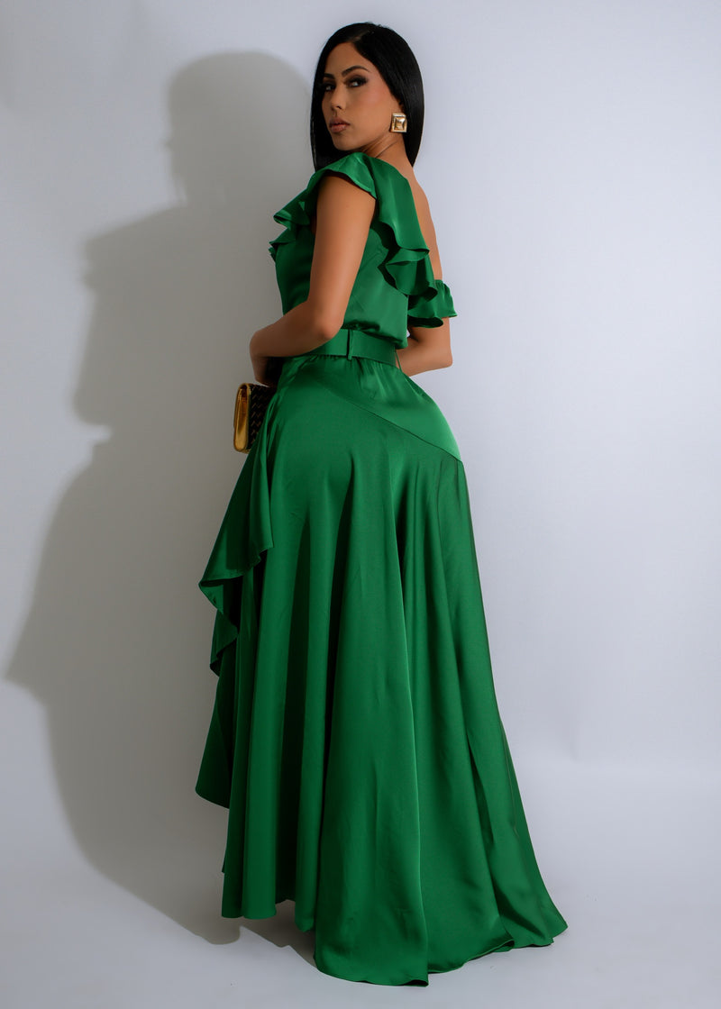 Gorgeous green satin maxi dress with elegant ruffled neckline and flowing design