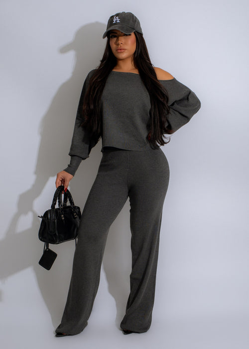 Cute & Comfy Sweater Pant Set Grey - Front View with Pocket Detail and Ribbed Hem