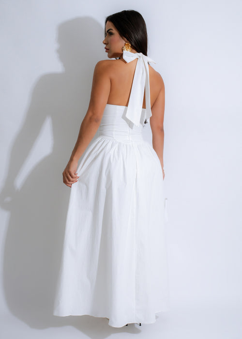 Cloudlight Cascade Maxi Dress White - Side view of ethereal white dress with plunging neckline and flowing skirt