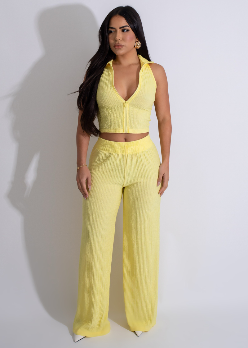 Stylish and trendy yellow pant set with matching top and bottoms