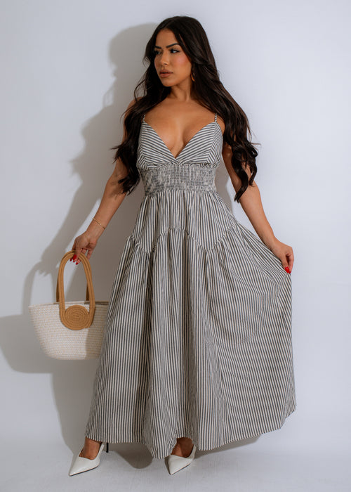 Nautical Breeze Stripes Midi Dress Grey on a mannequin by the beach