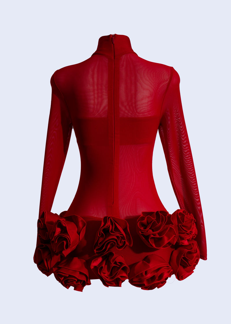 Beautiful red mini dress adorned with delicate floral patterns, perfect for a stylish and elegant Sunday outing