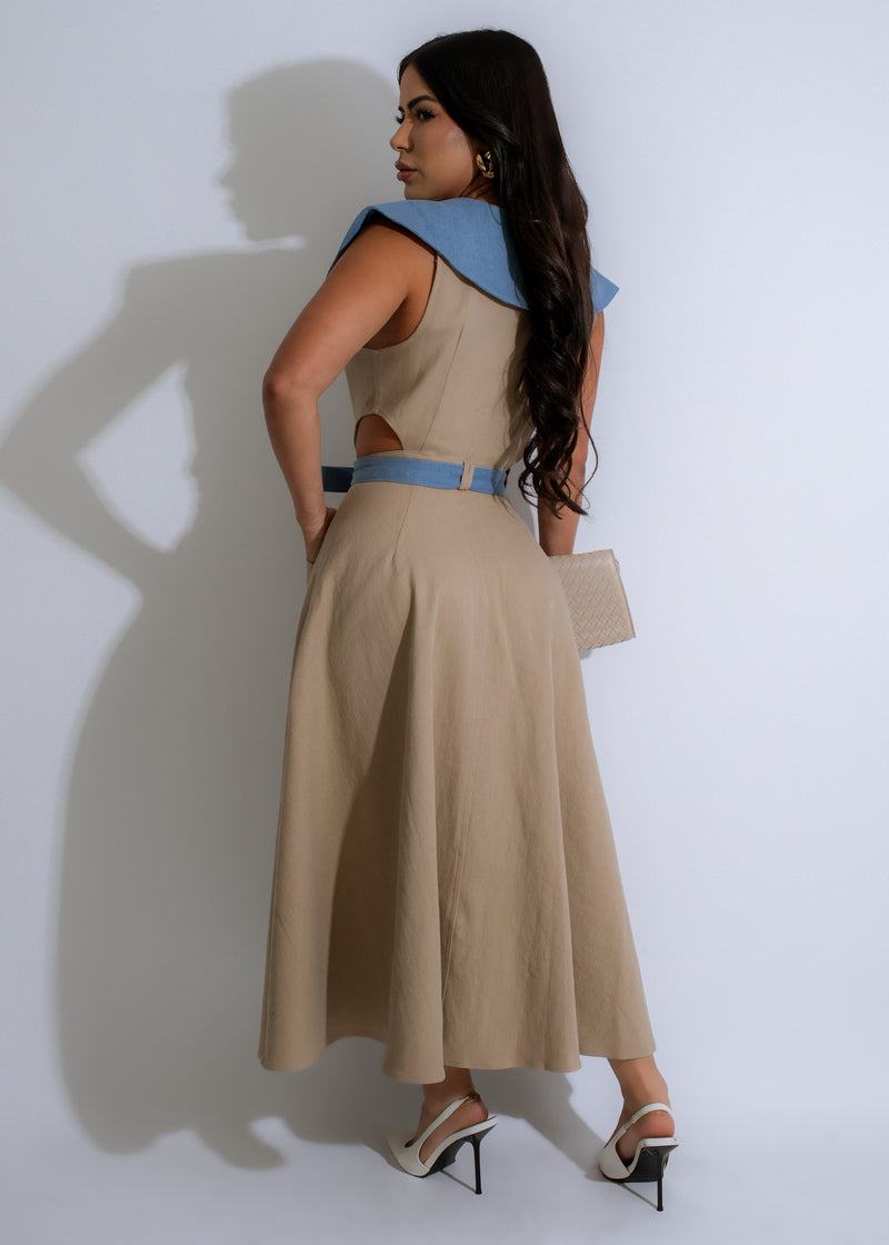  Side view of Sandline Contrast Midi Dress Nude, featuring a high neckline, sleeveless design, and a flattering cinched waist