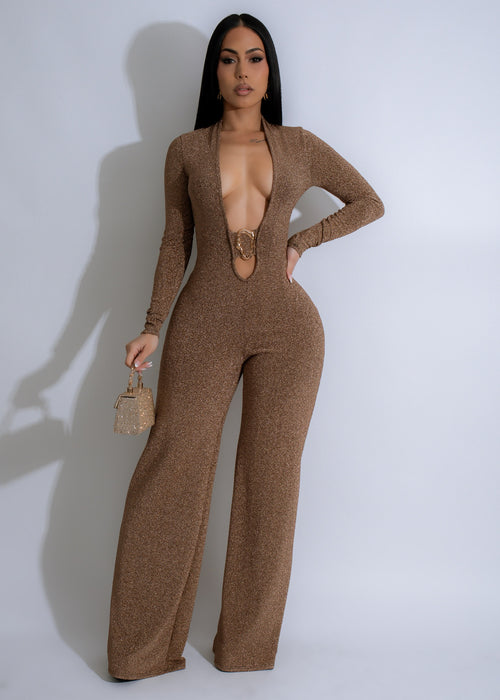 Shimmering gold jumpsuit with ruched detailing and sparkling sequins 