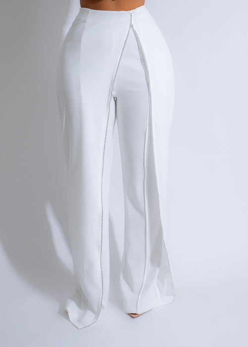 ###
Glamorous white pants with crystal drape rhinestones for a stunning look