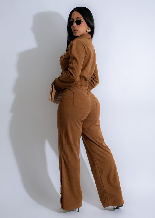 Trendy and stylish brown velour pant set with ribbed texture and comfortable fit