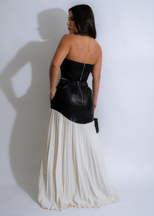 She's Modest Faux Leather Skirt Set Black - Back View with Zipper Closure and Midi Length Hem