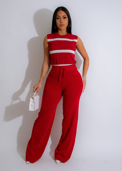 Stylish red travel knit pant set with comfortable and versatile design