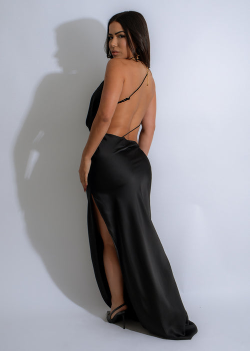 Close-up of the Moonlit Satin Slip Maxi Dress Black, highlighting its smooth satin fabric and flattering silhouette for a chic evening look