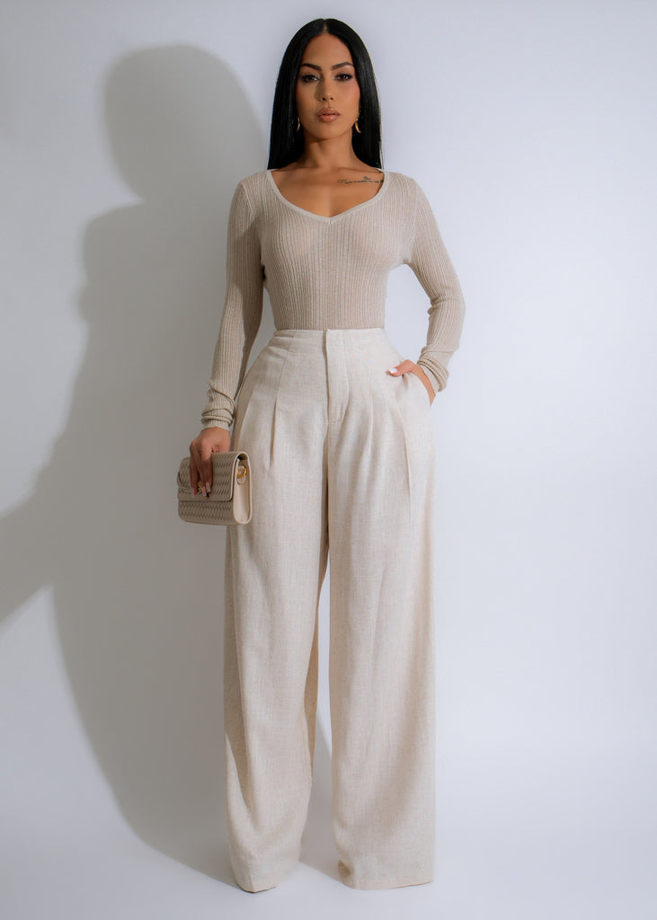 Serene Flow Ribbed Linen Pant Set in Nude, a comfortable and stylish loungewear option for women