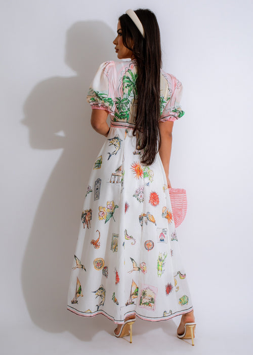 Beautiful white maxi dress with island mural print, perfect for summer vacations and beach getaways