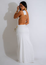  Dual Elegance Maxi Dress White - Back view of stunning white maxi dress featuring a flattering v-neckline and adjustable spaghetti straps, ideal for summer weddings and beach vacations