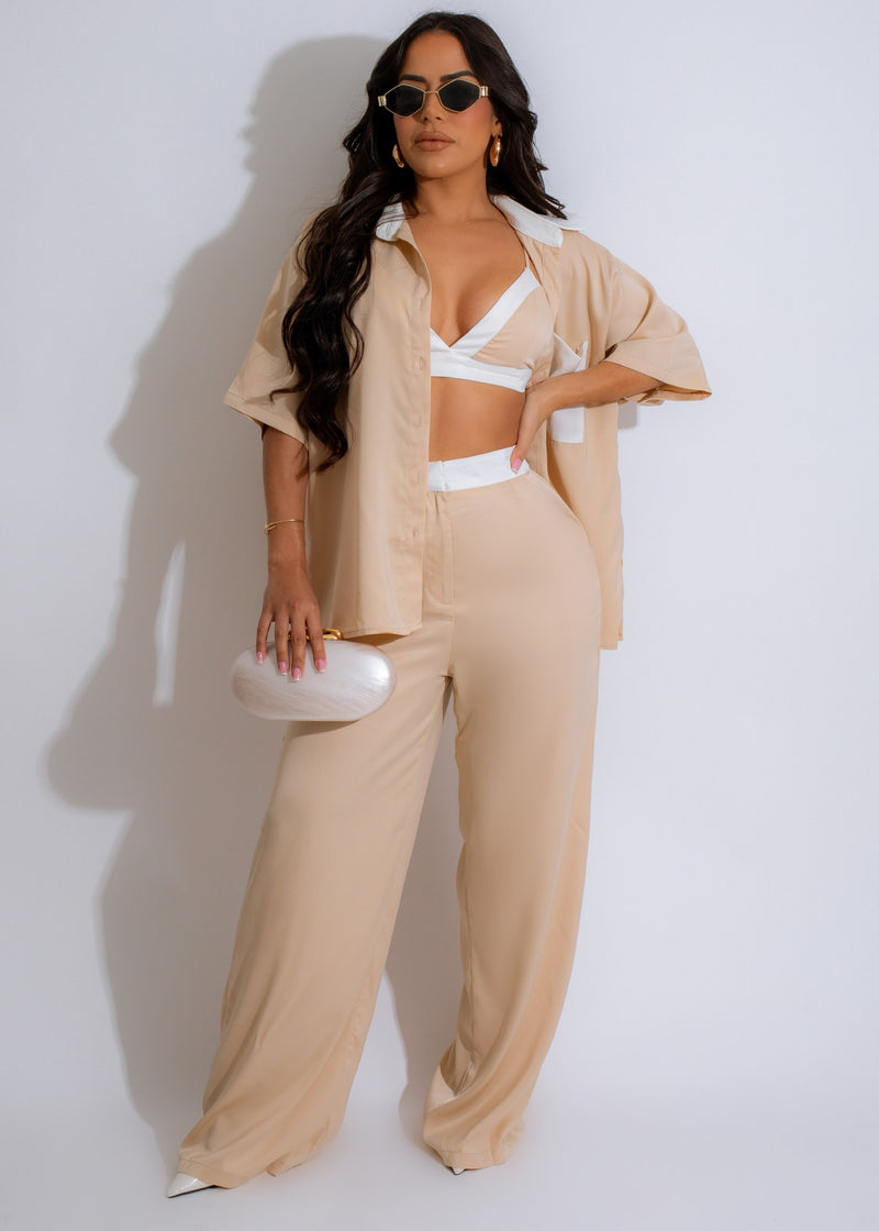 All For You Satin Pant Set Nude - A luxurious nude satin pant set for women, perfect for lounging in style or as a gift for someone special