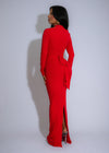 Tidal Grace Maxi Dress Red, a vibrant red dress with a flattering fit, featuring a stylish v-neckline and a flowing skirt for a timeless and elegant look