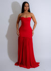 Moonlit Cascade Mesh Maxi Dress Red on a stunning beach sunset background