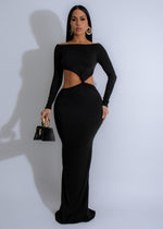 Elegant and flowing black maxi dress with intricate lace detailing