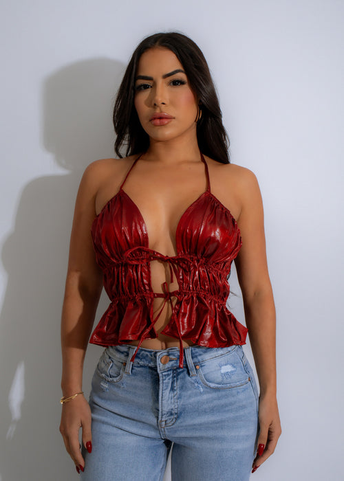 Siren’s Edge Faux Leather Crop Top Red - Close-up of high-quality faux leather material, sleek and sexy look