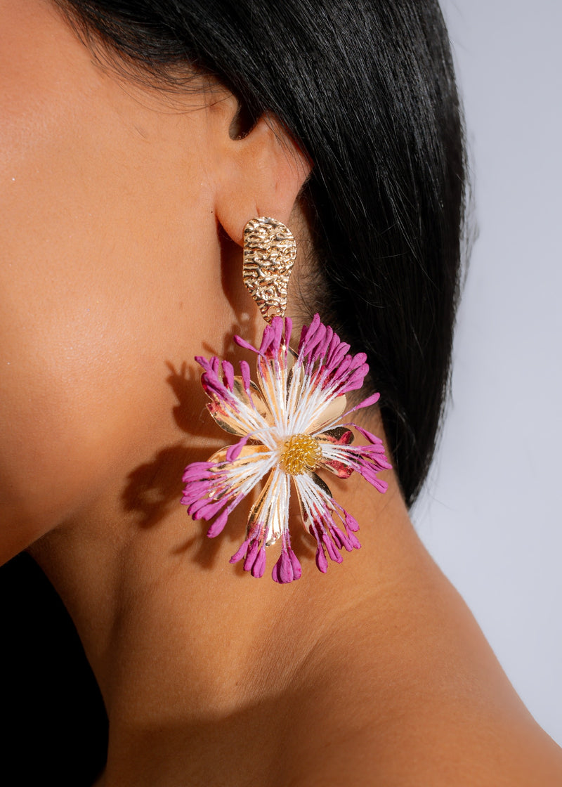 Beautiful purple blossom flame drop earrings, perfect for adding a touch of elegance and color to any outfit