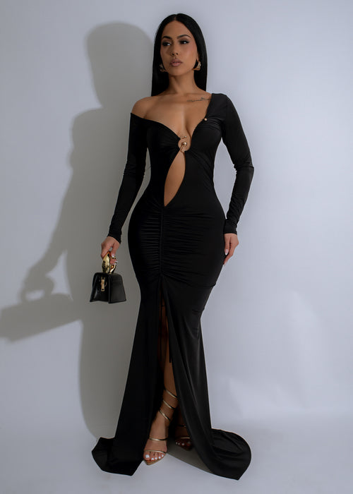 Seductive Symphony Ruched Maxi Dress Black with elegant ruched design and flattering silhouette, perfect for a night out or special occasion 