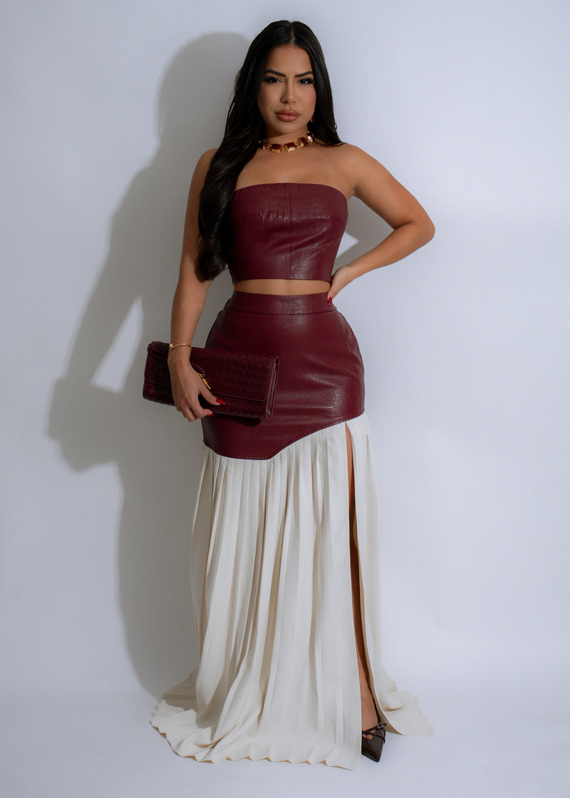 She's Modest Faux Leather Skirt Set Red, front view, red color, A-line silhouette, midi length, button detail, versatile for casual and dressy occasions