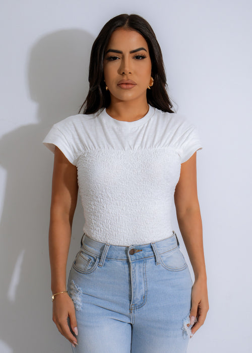 Textured Cascade Tee Crop Top White with knitted pattern and short sleeves