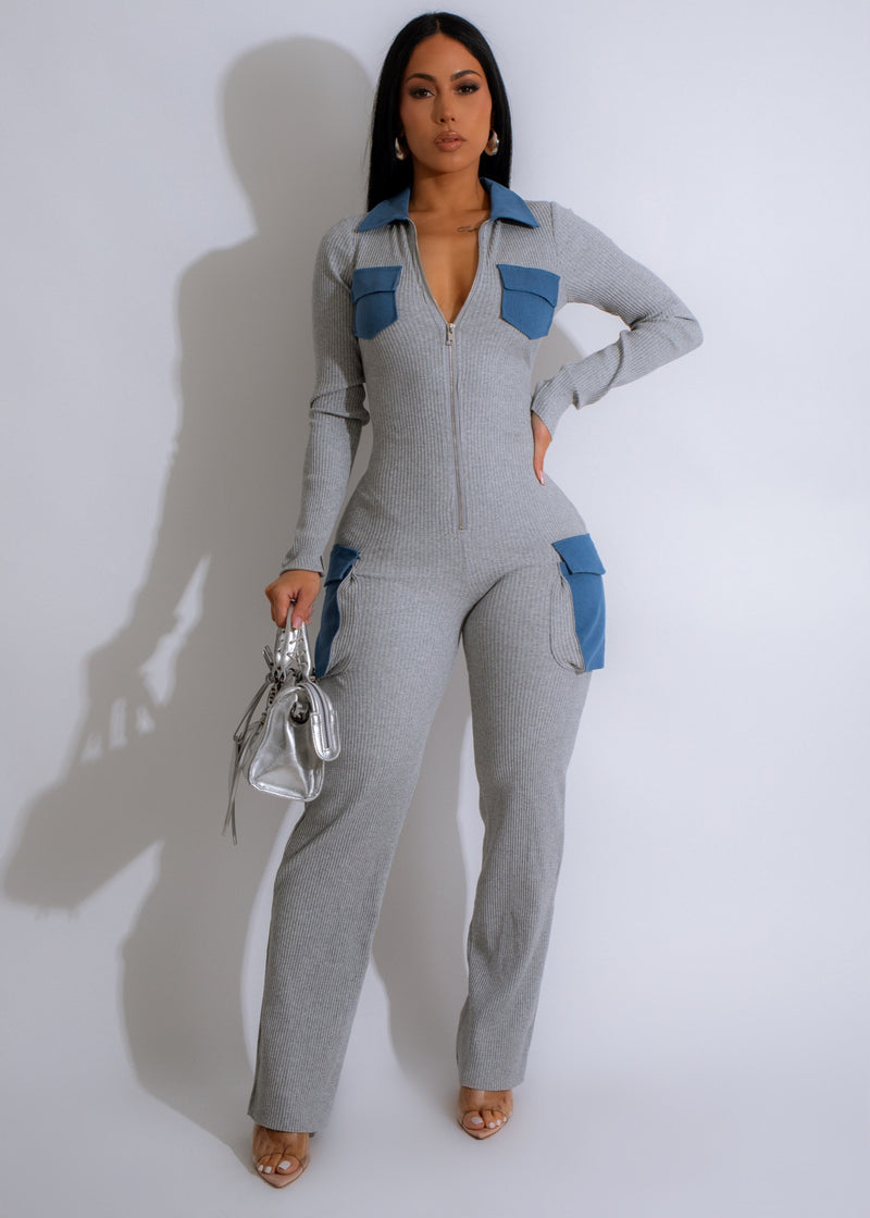 Taking Notes Cargo Jumpsuit Grey - Front view with multiple pockets and cinched waist detail