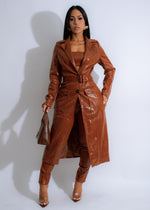 Serpent Luxe Faux Leather Pant Set Brown - Front View with Matching Belt