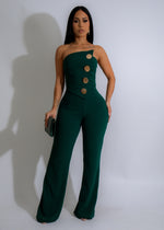 Close-up image of the elegant Regal Ascent Jumpsuit Green with a flattering belt and stylish neckline, perfect for a night out or special occasion Made with high-quality fabric and designed to enhance your silhouette
