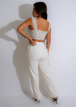 Polka Dot Charm Crop Top White - Close up of cropped length and charming polka dot print