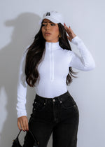 Contour Zip Ribbed Bodysuit White with Front Zipper Detail and Ribbed Texture