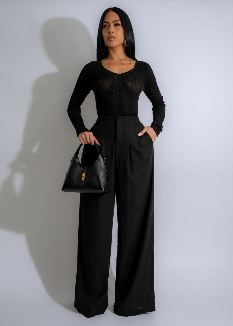 Serene Flow Ribbed Linen Pant Set Black on hanger with matching top