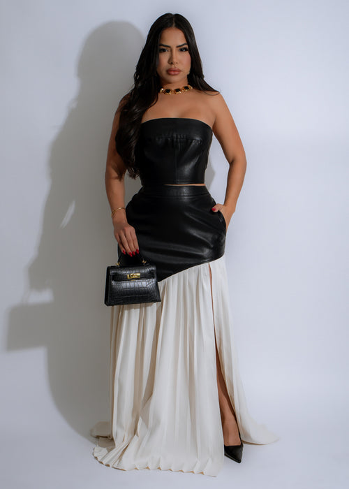 She's Modest Faux Leather Skirt Set Black - Front View with Belted Waist and A-Line Silhouette