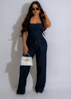 Alt text: Dark denim pant set featuring a stylish design and comfortable fit